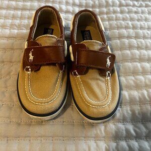 Polo Ralph Lauren Boys Toddler Loafers Size 8 Beige & Brown Canvas & Leather